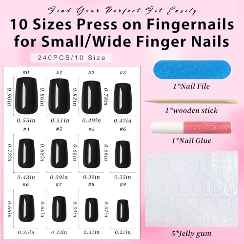 Black Short Square Press On Nails for Women - 240 Pack with Adhesive & Glue - Variation: Black