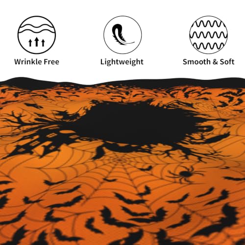 Halloween Bat Round Tablecloth 60 Inch Orange Black Spooky Spatter Design - Washable & Reusable