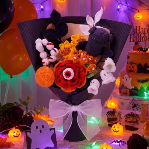 Halloween Crochet Flower Bouquet with Bats Ghost Pumpkin - 14.6 x 11.8 Inches
