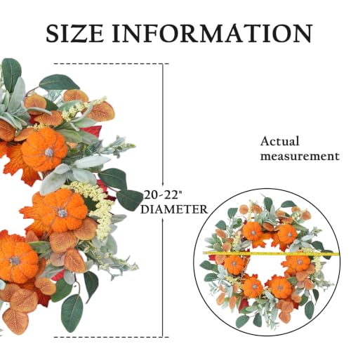 22 Inch Autumn Harvest Wreath for Front Door Farmhouse Decor with Pumpkins & Eucalyptus - Variation of THIS listing