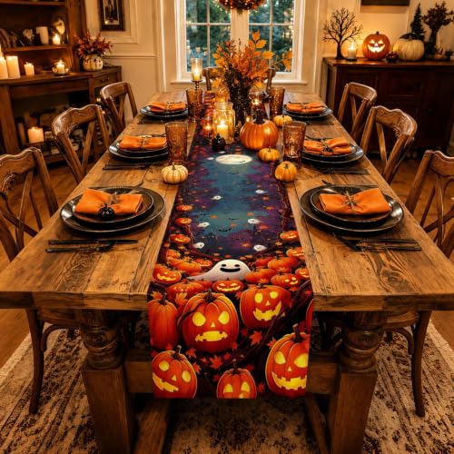 Halloween Table Runner 13x108 Inches with Pumpkins and Ghosts - Fall Decor