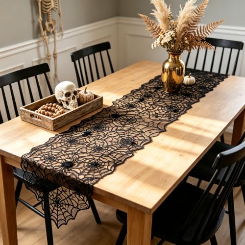 Halloween Spider Web Lace Table Runner for Dining & Decor - Black, 18x72 Inches