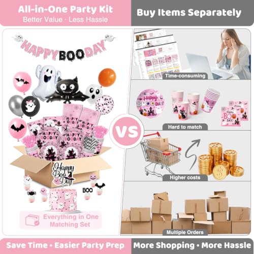 Pink Halloween Birthday Decorations Set for 24 Guests - Complete Party Kit