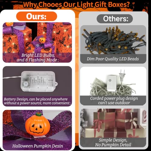Yudara Halloween Lighted Gift Boxes Set - Orange Bat Spider Web Pumpkin