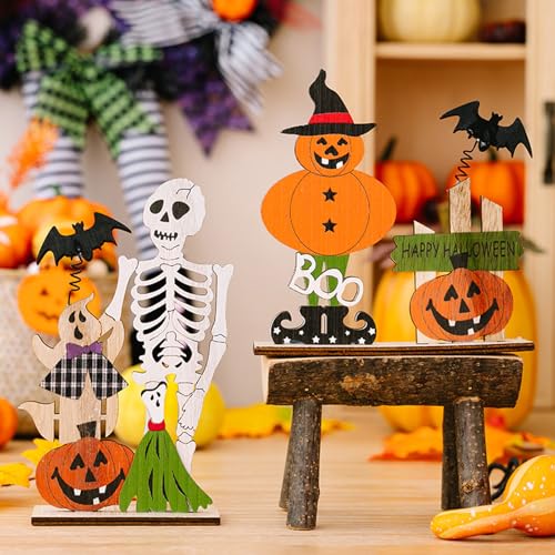 Halloween Wooden Centerpiece Signs Set - Pumpkin & Skull Table Decorations