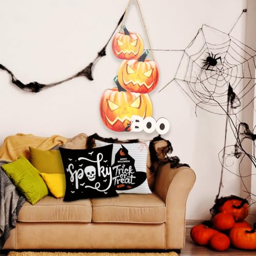 Halloween Pillow Covers 18x18 Set of 4 Double-Sided Decor - Black and Beige Variation