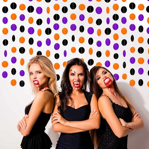 26Ft Halloween Party Decorations Garland Streamers - Black, Orange, Purple Circular Dots