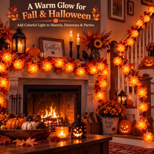 Orange Marigold Garland Lights - 9.8ft 20 LED Artificial Flowers, 4 Pack