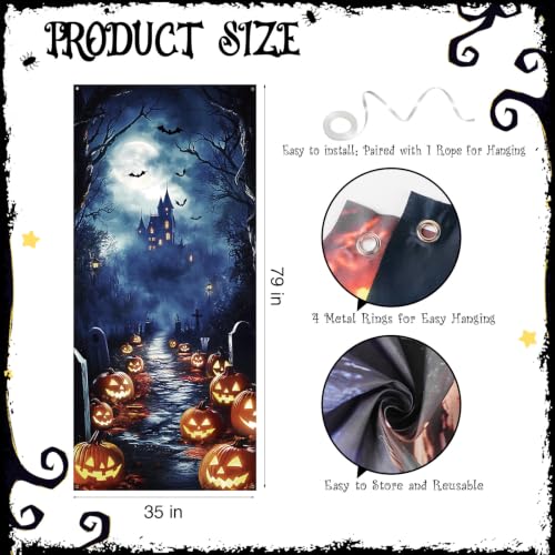 Halloween Door Cover - Large Spooky Pumpkin Castle Bat Backdrop Decor 35x79 Inches