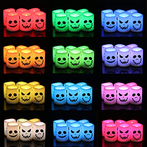 Color Changing Flameless Candles with Remote Timer - Halloween Ghost Face LED Votive Set