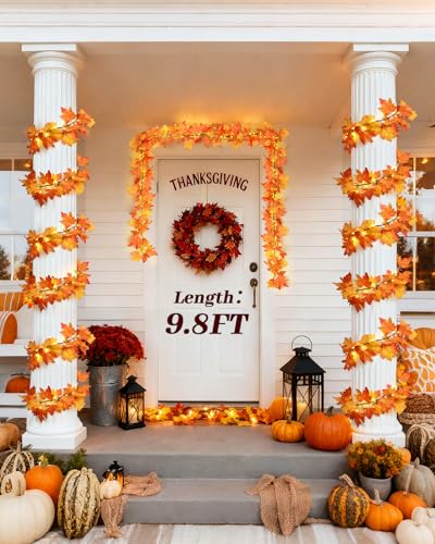 9.8FT Fall Garland with 60 LED Lights - Battery Operated Maple Leaves, 8 Modes Indoor Outdoor Decor