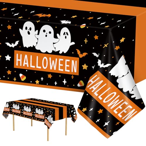 Halloween Ghost Tablecloth Set - Disposable Plastic Black Orange Bat Party Cover, 54 x 108 Inches - Variation of THIS listing