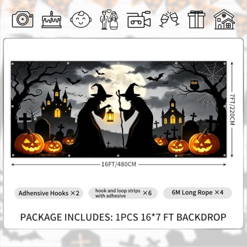 Halloween Witch Garage Door Cover Banner 18x7ft - Black Spooky Graveyard Scene