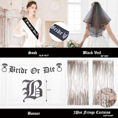 Gothic Bachelorette Party Decorations Set with Balloons Banner Veil Fringe Curtains