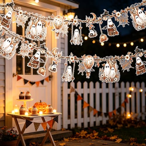 Brown White Halloween Ghost Garland Waterproof Decor for Indoor & Outdoor Use - 6m
