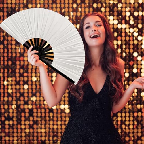 Silver Large Folding Rave Hand Fan - Halloween Festival Party Accessory