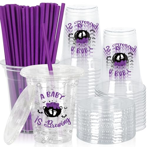 Halloween Baby Shower Plastic Cups with Lids & Straws - A Baby Is Brewing Variation