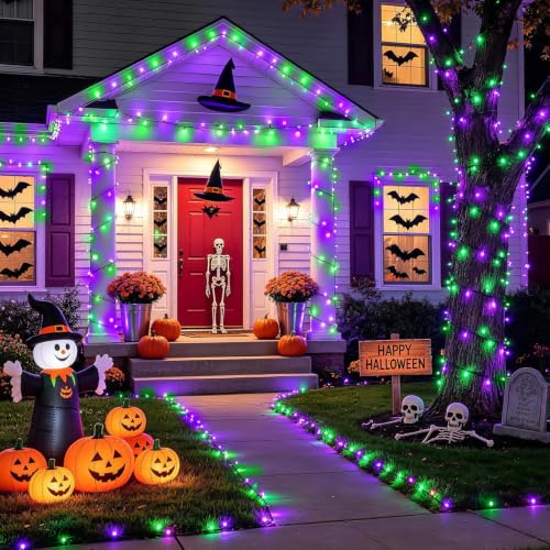 Purple and Green Halloween String Lights 2 Pack - Battery Operated & Remote Control