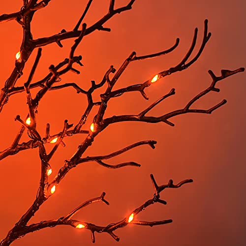 Lighted Halloween Tree Branches with Timer - 21 Inch Black Twig with Orange Fairy Lights