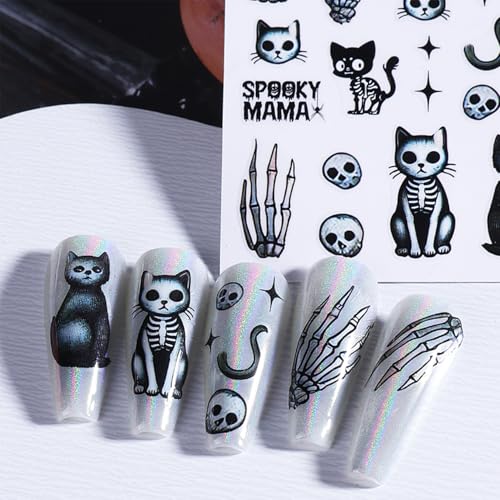 Halloween Skeleton Cat Nail Stickers - Self-Adhesive 3D Nail Art Decals, 5 Sheets
