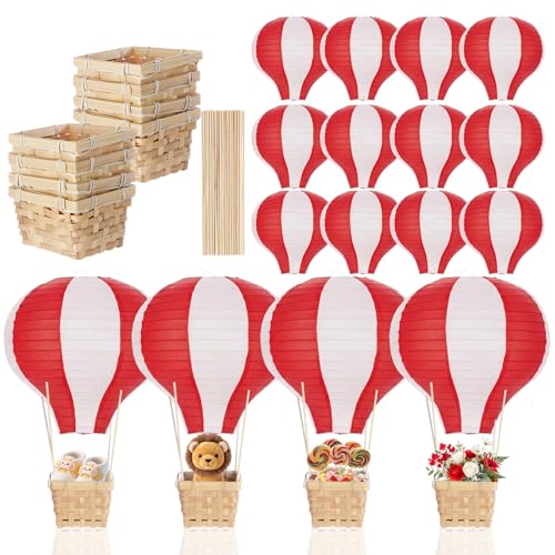 Hot Air Balloon Table Centerpieces Set - Red and White, 8 Pieces with Baskets & DIY Decor