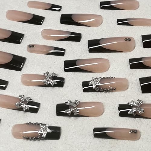 Long Square French Tip Press On Nails with 3D Bow Charms & Rhinestones - Nude Pink, Glossy Silver Star - 24 Pieces