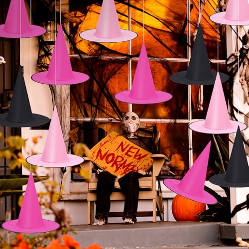 Pink Black Hanging Witch Hats Halloween Decorations - Set of 18