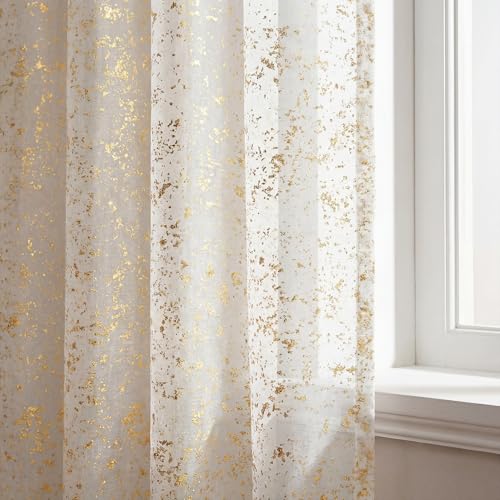 White Tier Curtains 52x36 Inch Pack of 2 - Gold Sequin Window Drapes
