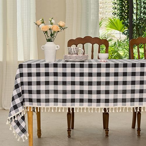 Black and White Checkered Rectangle Tablecloth 55x84 Inches with Tassels - Farmhouse Style