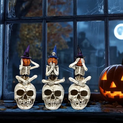 Halloween Skeleton Pumpkin Figurine Set of 3 - See Speak Hear No Evil Decor