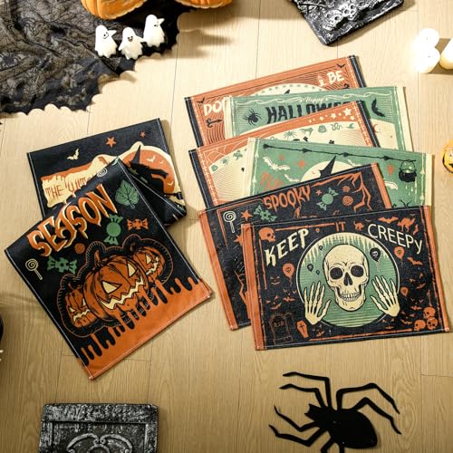 Halloween Placemats with Runner Set - Scary Forest Gothic Bat Skull Design, Washable 12x18 Inches