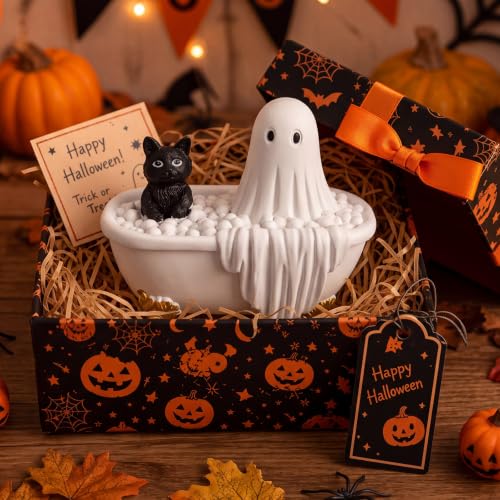 Halloween Ghost Cat Figurine in Bathtub Decor Resin Cute Spooky Home Accent