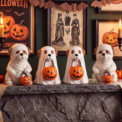 Halloween Ghost Dog Decor Set - Mummy & Pumpkin Figurines for Fall Home Decor