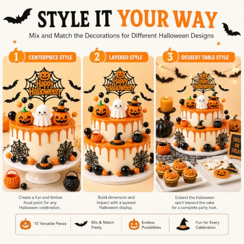 Halloween Cake Topper Set - 40 Pcs Pumpkin Ghost Bat Decor with Sign & Web