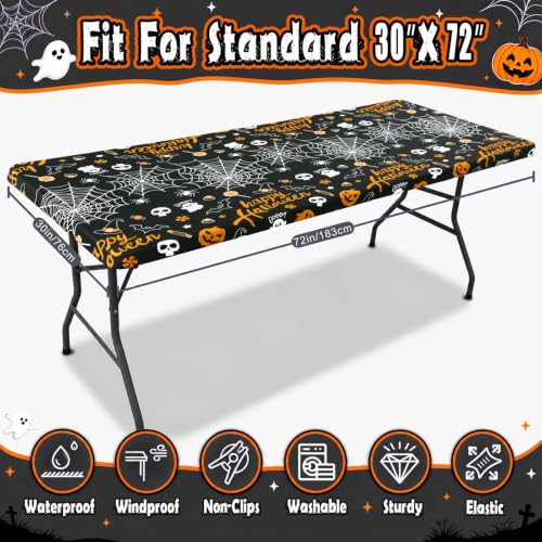 Elastic Fitted 6FT Rectangle Tablecloth - Black & Orange, 72 x 30 Inches