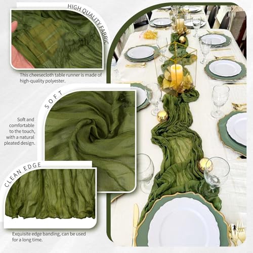 Olive Green Cheesecloth Table Runners Set - Boho Wedding Decor, 2 Pack