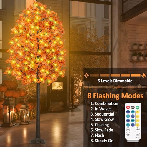 8ft Prelit Fall Maple Tree with 210 LEDs, Dimmable 8 Flash Modes, Autumn Decor