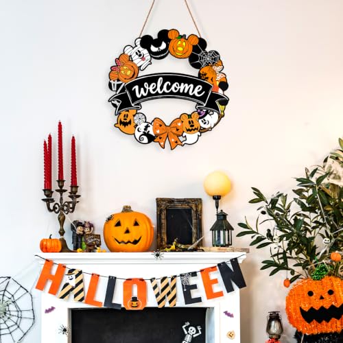 Welcome Mouse Halloween Wreath Door Decoration - Rustic Wooden Hanging Sign