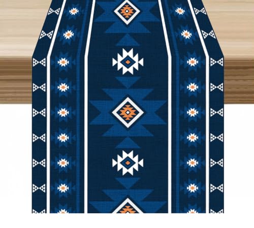 13x36in Dark Blue Boho Tribal Table Runner - Native American Ethnic Decor