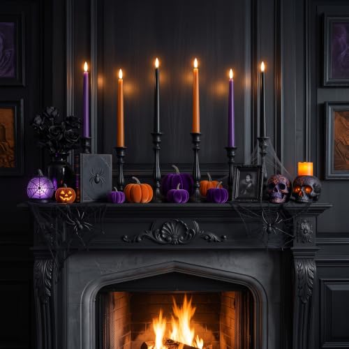 Halloween Flameless Taper Candles Set - Black, Burnt Orange & Purple, 6 Pack