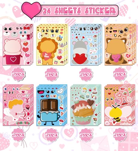 Valentine's Day Kids Stickers - Classroom & Craft Gift Set - 24 Sheets - Valentines Variation