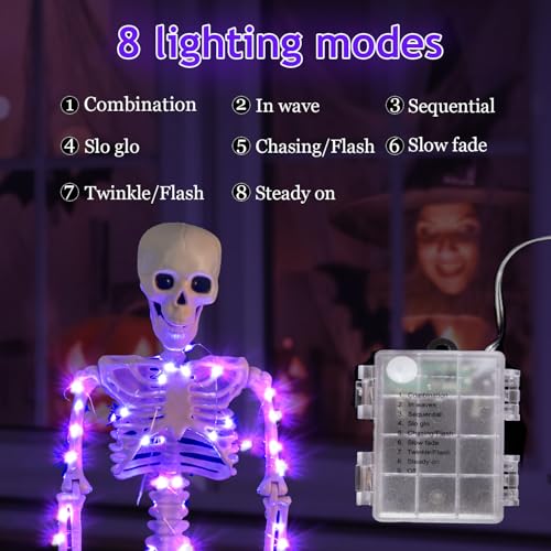 2 Pack 33-Inch Purple LED Mermaid Skeleton Halloween Decorations - Movable Posable Joints Hanging Props