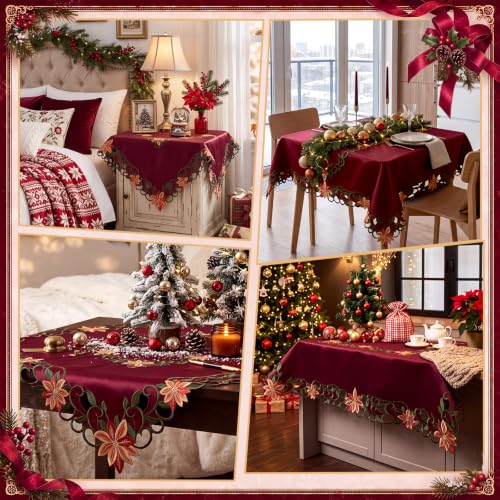 Christmas Burgundy Square Embroidered Poinsettia Tablecloth - 34 Inch