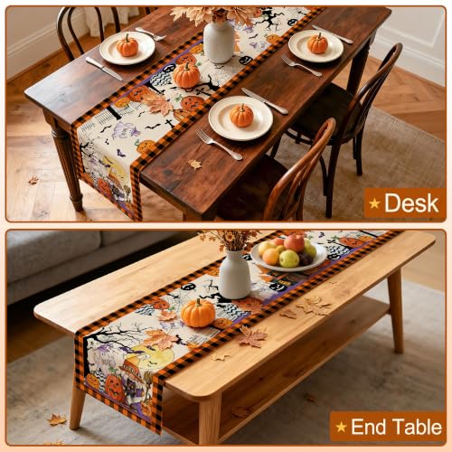 Halloween Gnome Table Runner - 13x72 Inch Orange Kitchen Decor
