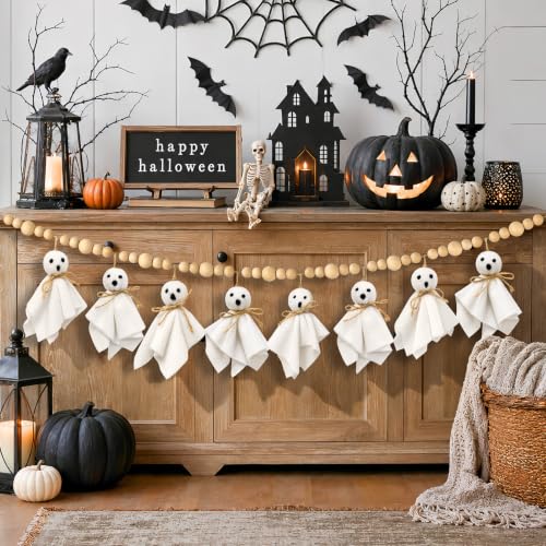 Halloween Ghost Garland with Wooden Beads - Pre-Assembled Indoor Decor 4.5Ft