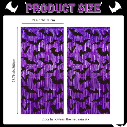 Halloween Purple Fringe Curtain with Bat Decorations - 2 Pack, 3.3 x 6.6 ft