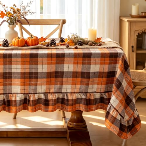 Orange Brown Ruffled Thanksgiving Tablecloth 60x60 Inch Square - Farmhouse Fall Decor