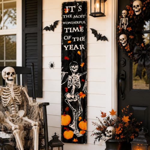 Halloween Skeleton Porch Sign - 41.7 Inch Wooden Yard Door Decor