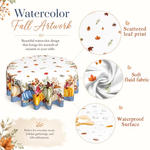 Yellow and Blue Fall Round Tablecloth 60 Inch Autumn Pumpkin & Maple Leaf Decor