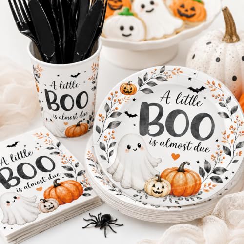 Halloween Baby Shower Tableware Set - 24 Plates Cups Napkins Cutlery